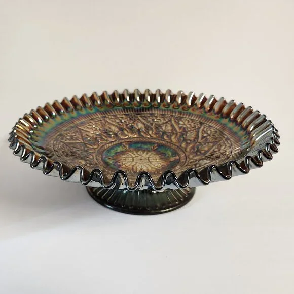 Fenton Carnival Glass Bowl Iridescent Ruffled Edge Hearts Pattern 11" Bowl - Picture 2 of 12